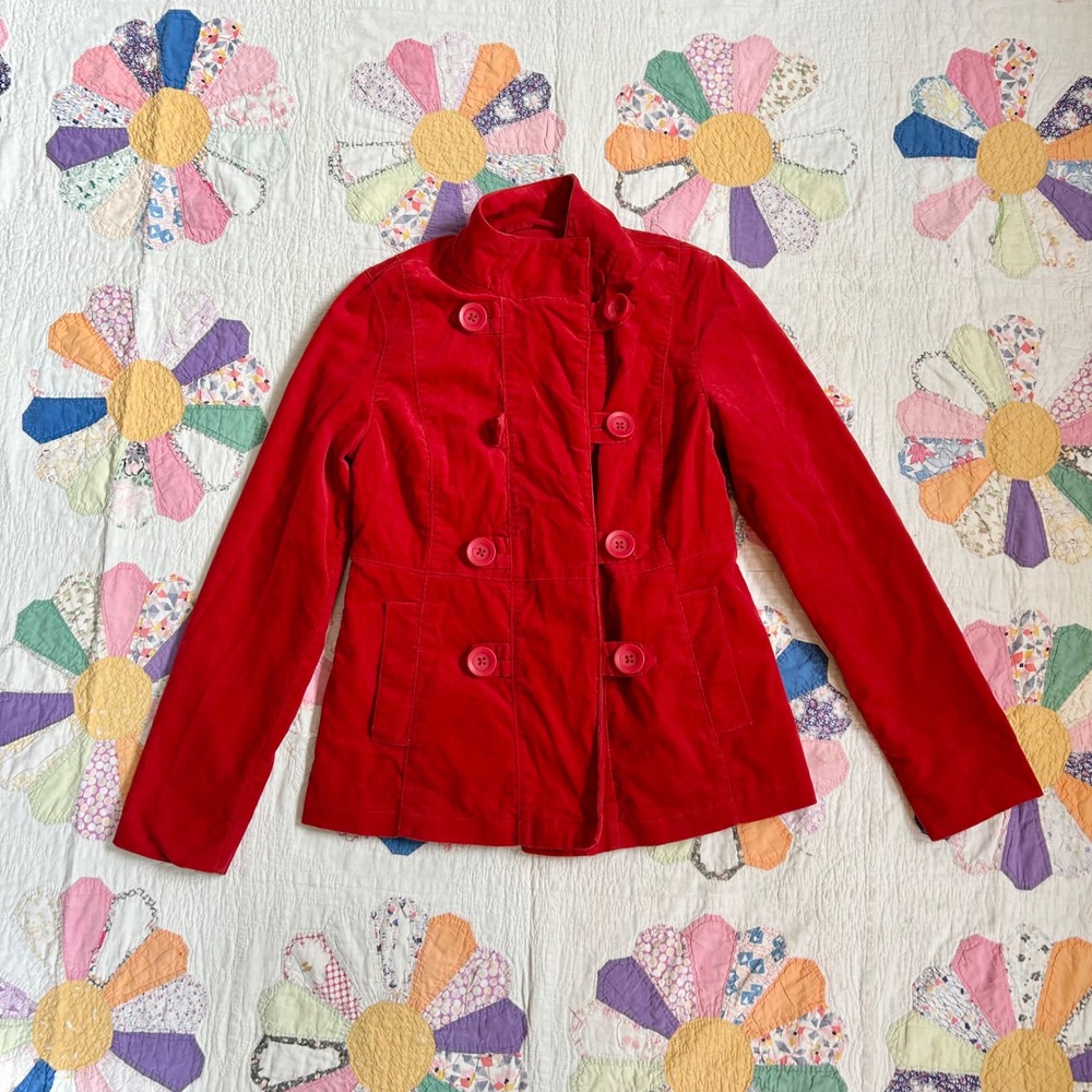 Vintage Red Velvet Double Breasted Pea Coat Jacket Funnel Neck Indie Twee